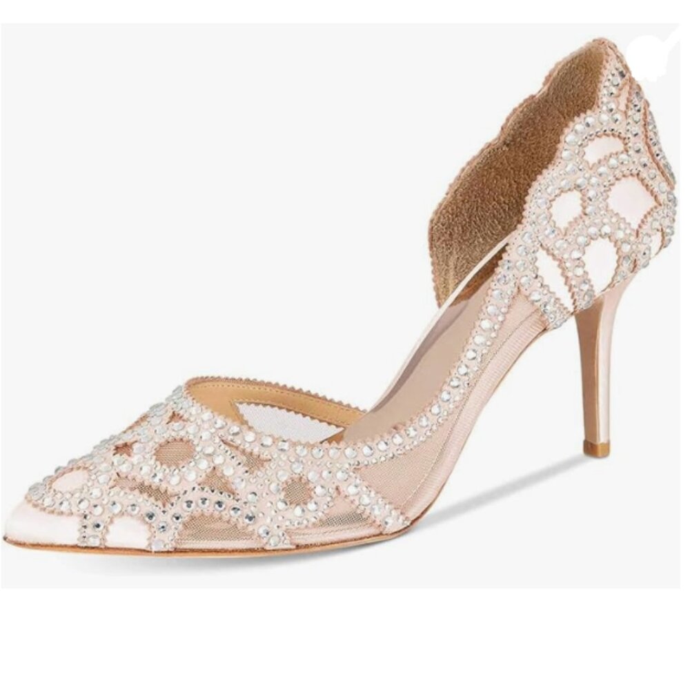 XYD Light Pink Pointy Toe Crystal Studded High Heel D'Orsay Mesh Bridal Pumps
